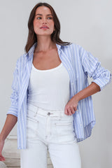 Denver Shirt - Wing Collar Button Down Striped Cotton Shirt with Scoop Hemline in Blue
