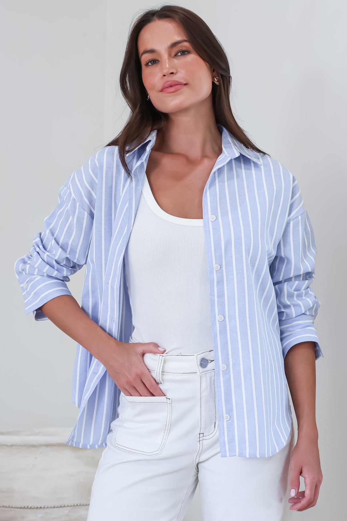 Denver Shirt - Wing Collar Button Down Striped Cotton Shirt with Scoop Hemline in Blue
