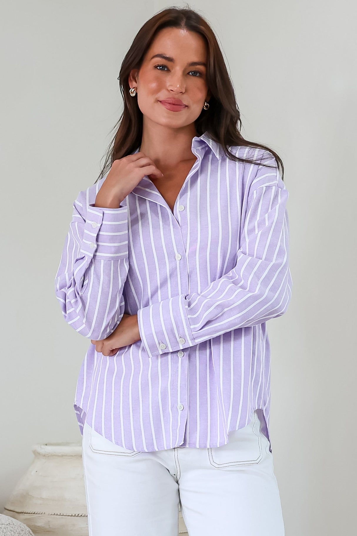 Denver Shirt - Wing Collar Button Down Striped Cotton Shirt with Scoop Hemline in Lilac