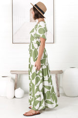 Derla Maxi Dress - V Neck A Line Dress with Tassel Pull Tie Wasit in Azira Print Kiwi