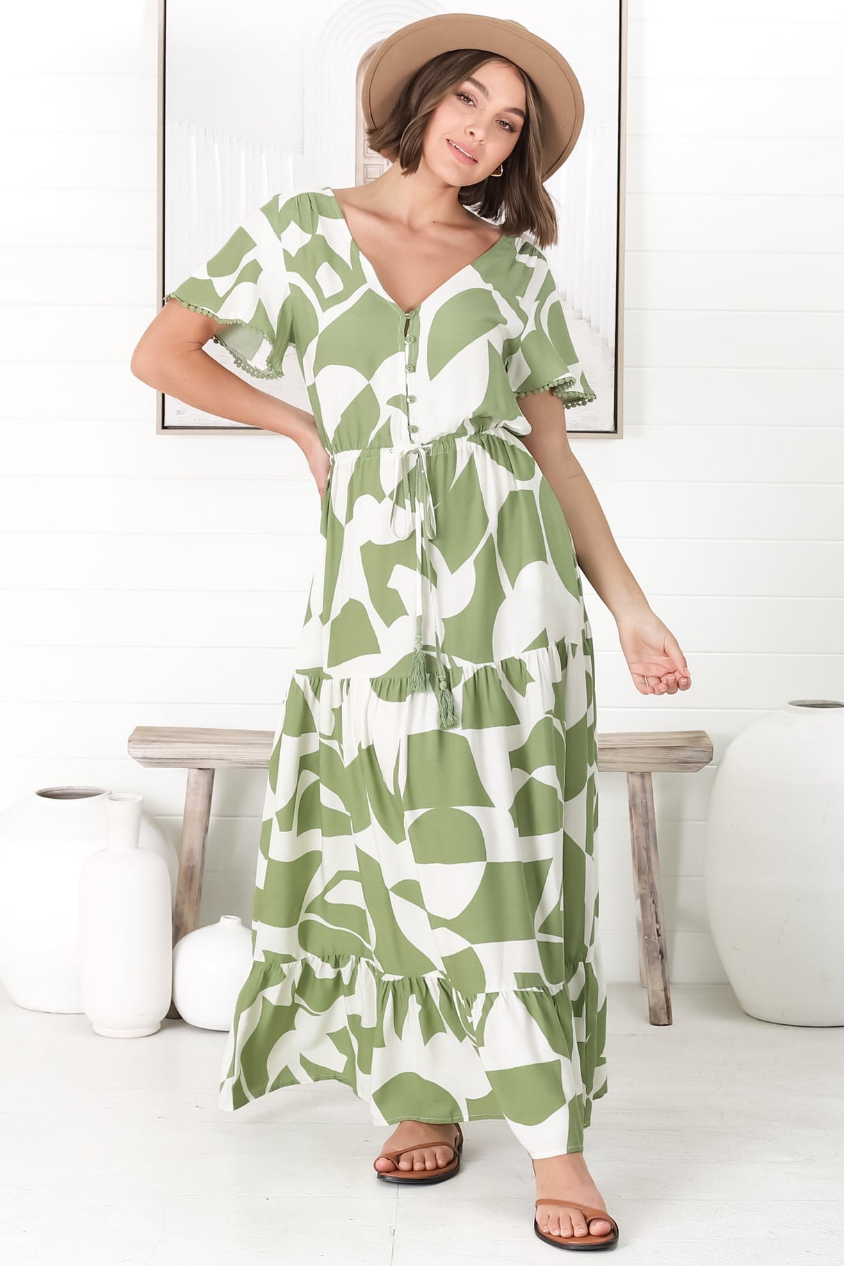 Derla Maxi Dress - V Neck A Line Dress with Tassel Pull Tie Wasit in Azira Print Kiwi