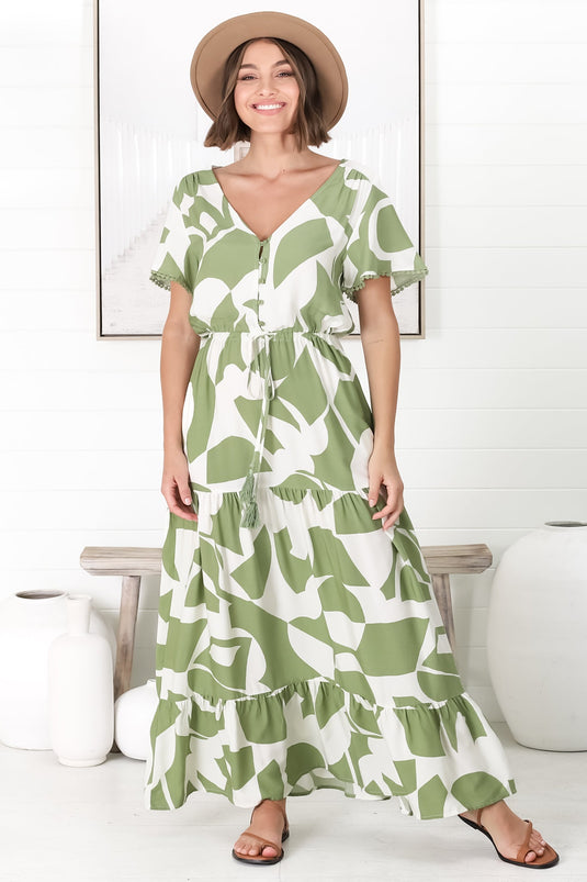 Derla Maxi Dress - V Neck A Line Dress with Tassel Pull Tie Wasit in Azira Print Kiwi