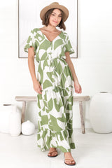 Derla Maxi Dress - V Neck A Line Dress with Tassel Pull Tie Wasit in Azira Print Kiwi