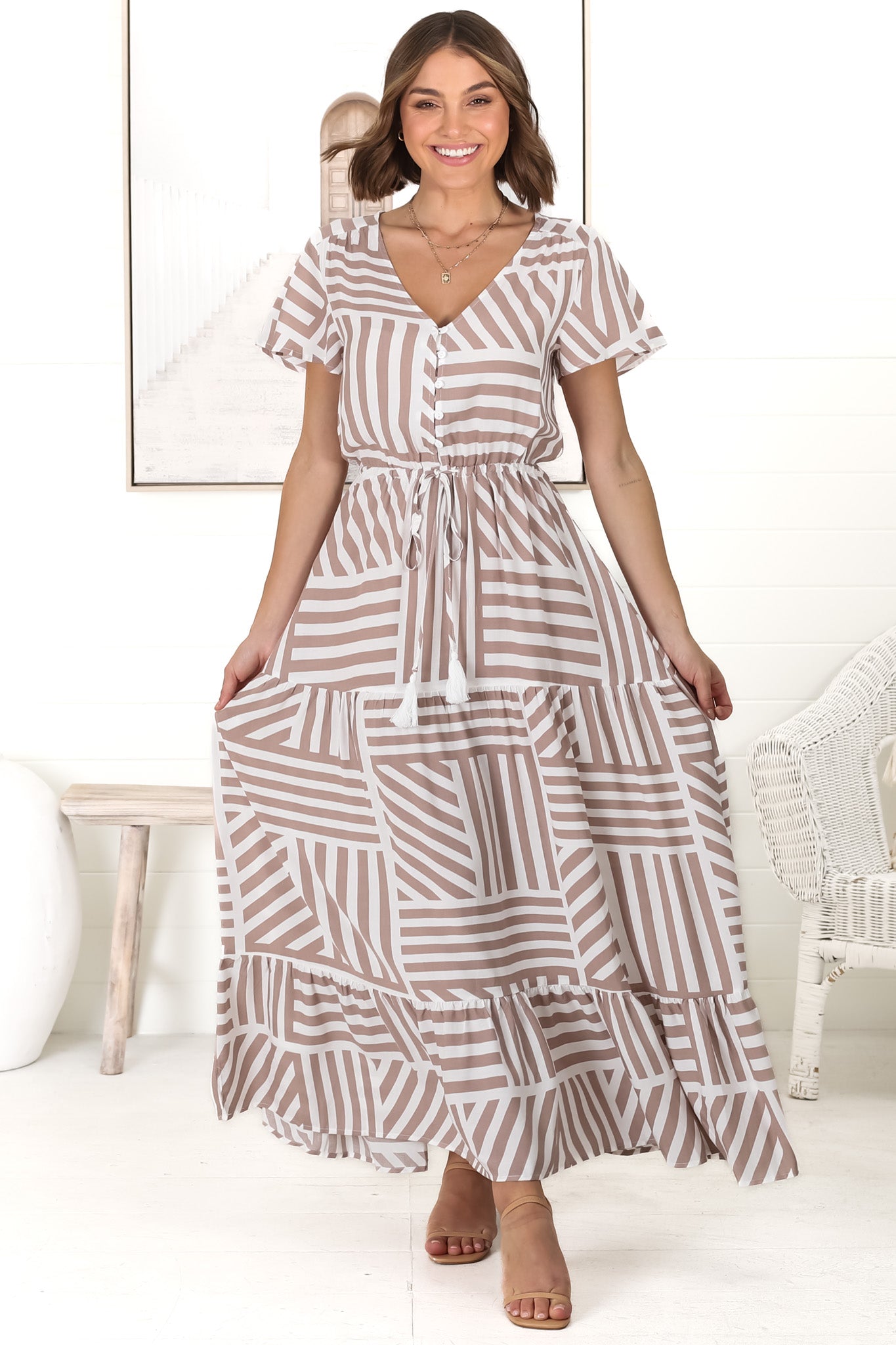 Derla Maxi Dress - V Neck A Line Dress with Tassel Pull Tie Wasit in Bonn Print Fawn