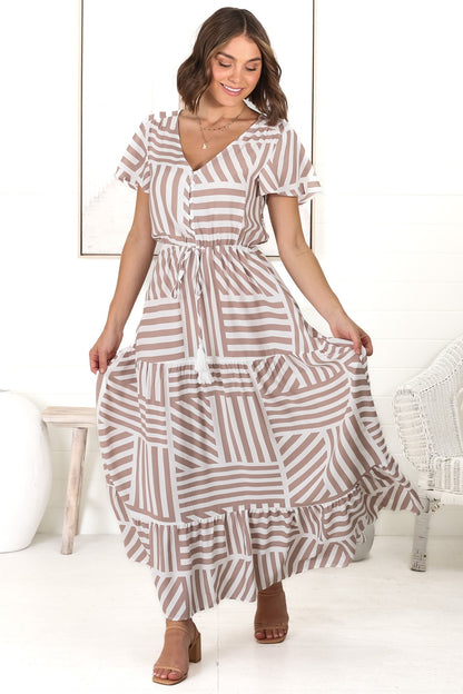 Derla Maxi Dress - V Neck A Line Dress with Tassel Pull Tie Wasit in Bonn Print Fawn
