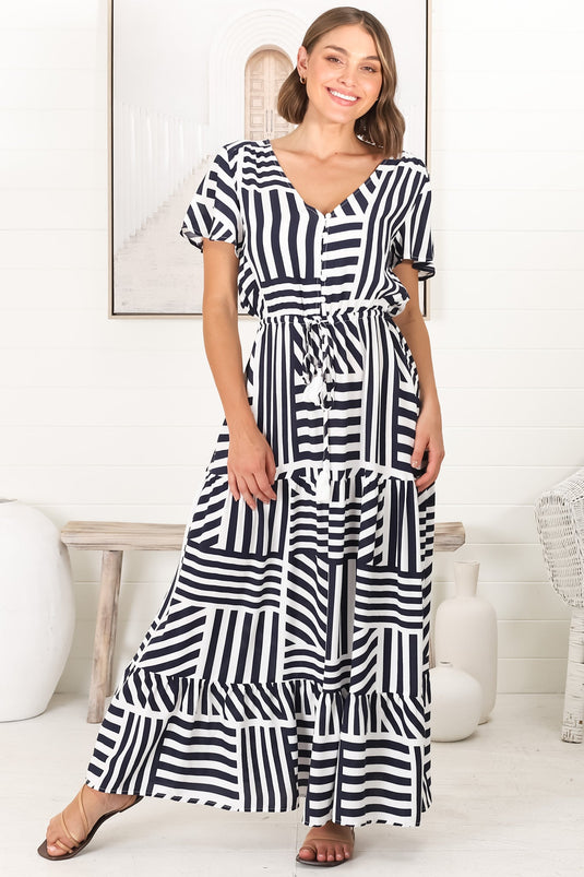 Derla Maxi Dress - V Neck A Line Dress with Tassel Pull Tie Wasit in Bonn Print Navy