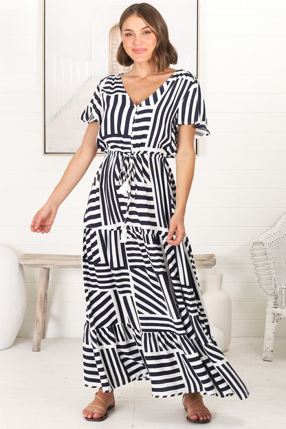 Derla Maxi Dress - V Neck A Line Dress with Tassel Pull Tie Wasit in Bonn Print Navy