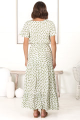 Derla Maxi Dress - V Neck A Line Dress with Tassel Pull Tie Wasit in Gellina Print Kiwi