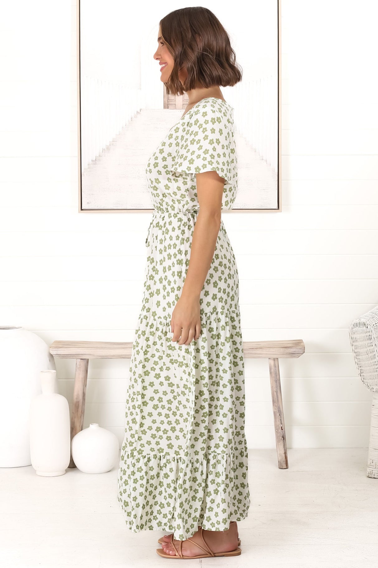 Derla Maxi Dress - V Neck A Line Dress with Tassel Pull Tie Wasit in Gellina Print Kiwi