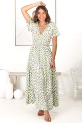 Derla Maxi Dress - V Neck A Line Dress with Tassel Pull Tie Wasit in Gellina Print Kiwi