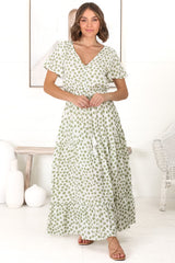 Derla Maxi Dress - V Neck A Line Dress with Tassel Pull Tie Wasit in Gellina Print Kiwi