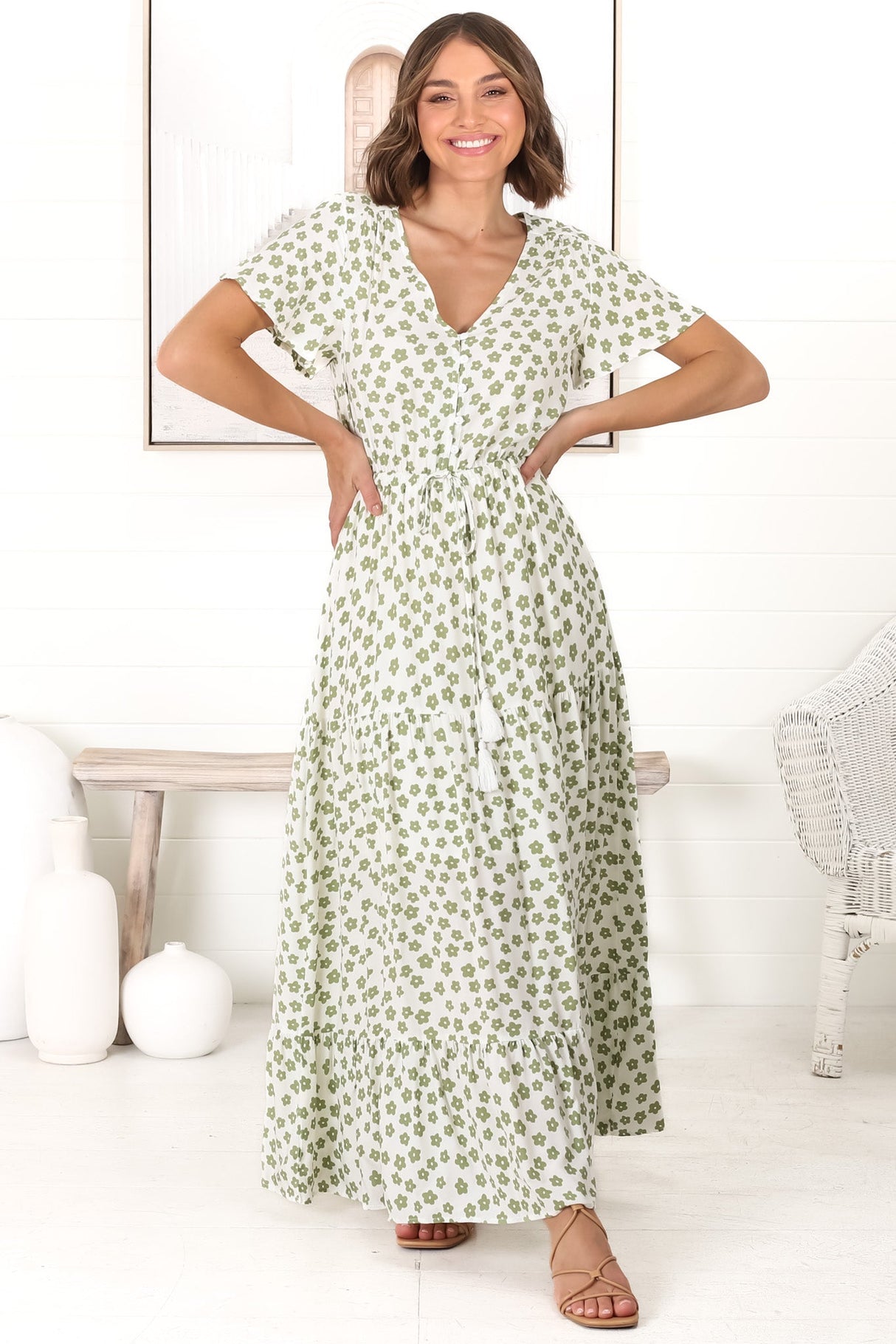 Derla Maxi Dress - V Neck A Line Dress with Tassel Pull Tie Wasit in Gellina Print Kiwi