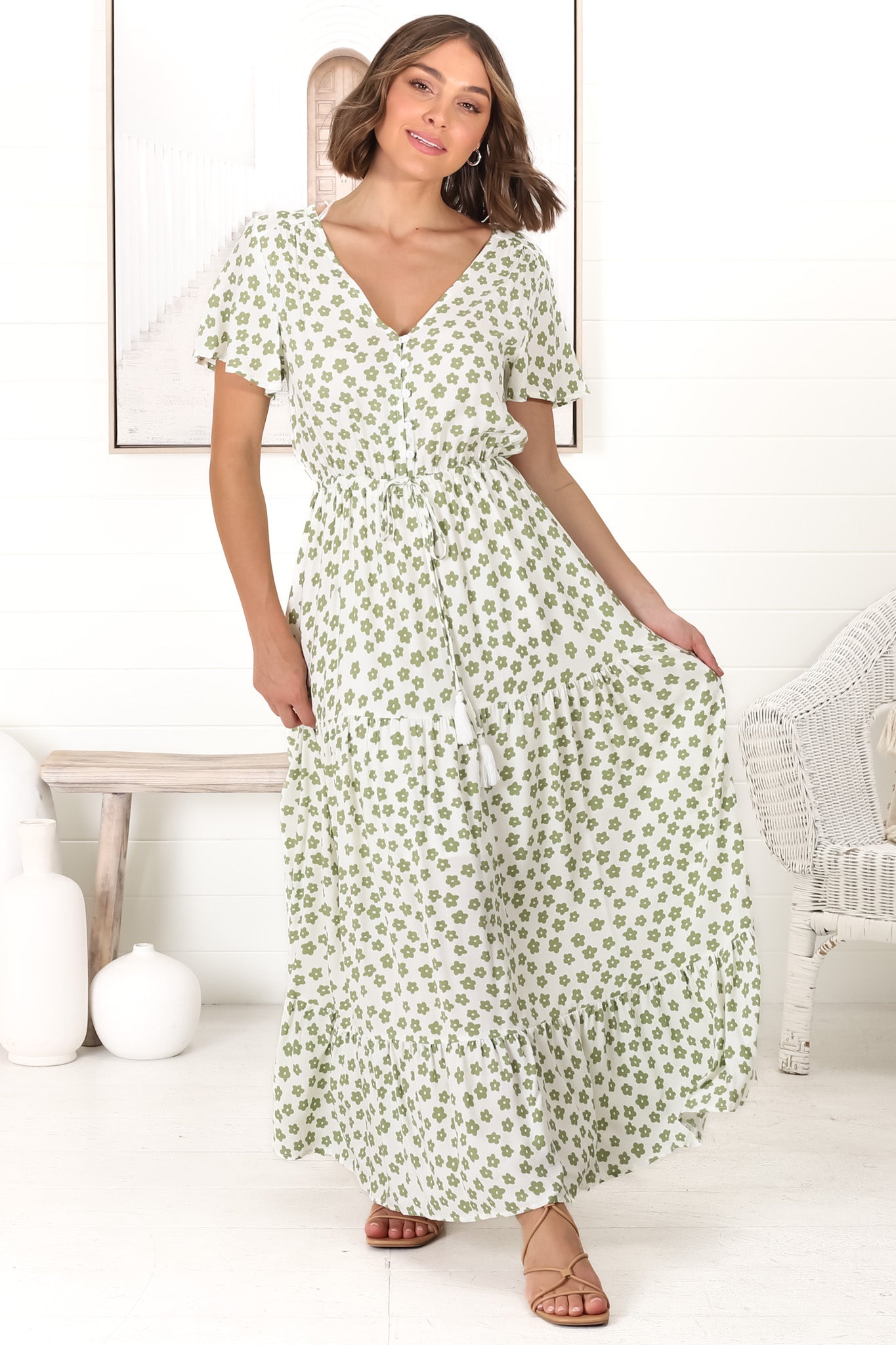 Derla Maxi Dress - V Neck A Line Dress with Tassel Pull Tie Wasit in Gellina Print Kiwi