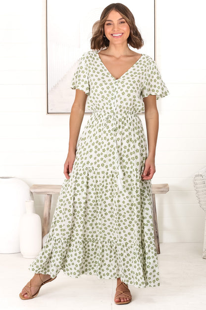 Derla Maxi Dress - V Neck A Line Dress with Tassel Pull Tie Wasit in Gellina Print Kiwi
