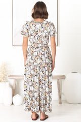 Derla Maxi Dress - V Neck A Line Dress with Tassel Pull Tie Wasit in Lauren Print