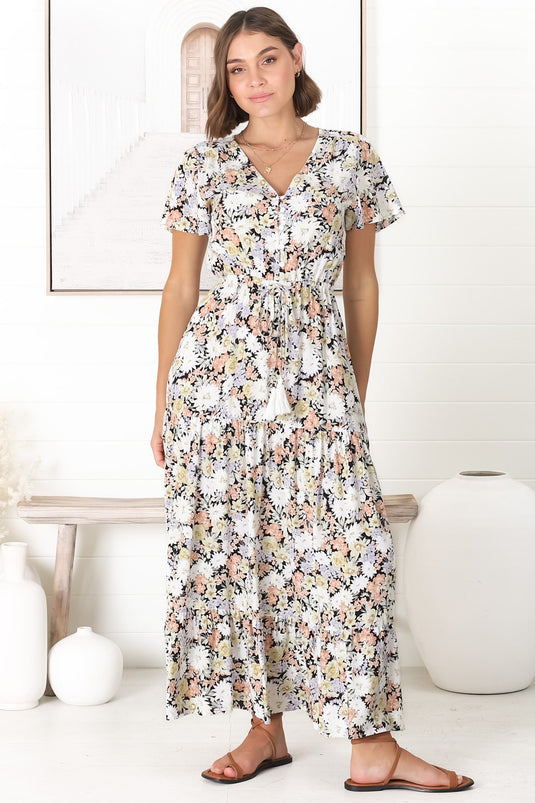 Derla Maxi Dress - V Neck A Line Dress with Tassel Pull Tie Wasit in Lauren Print