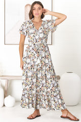 Derla Maxi Dress - V Neck A Line Dress with Tassel Pull Tie Wasit in Lauren Print