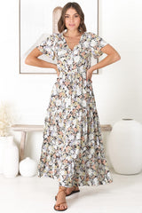 Derla Maxi Dress - V Neck A Line Dress with Tassel Pull Tie Waist in Lauren Print