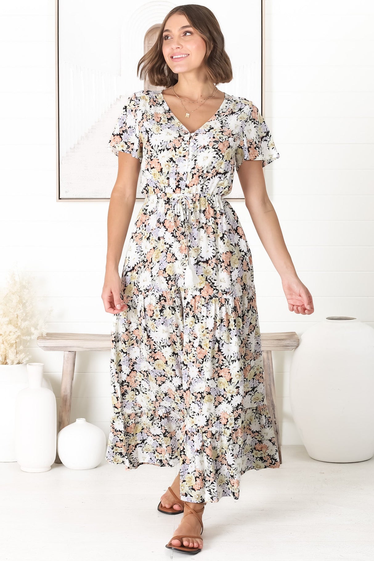 Derla Maxi Dress - V Neck A Line Dress with Tassel Pull Tie Waist in Lauren Print