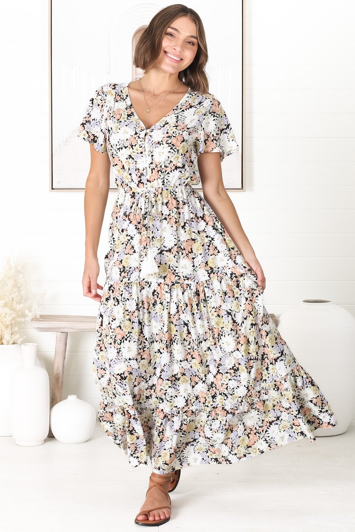 Derla Maxi Dress - V Neck A Line Dress with Tassel Pull Tie Waist in Lauren Print