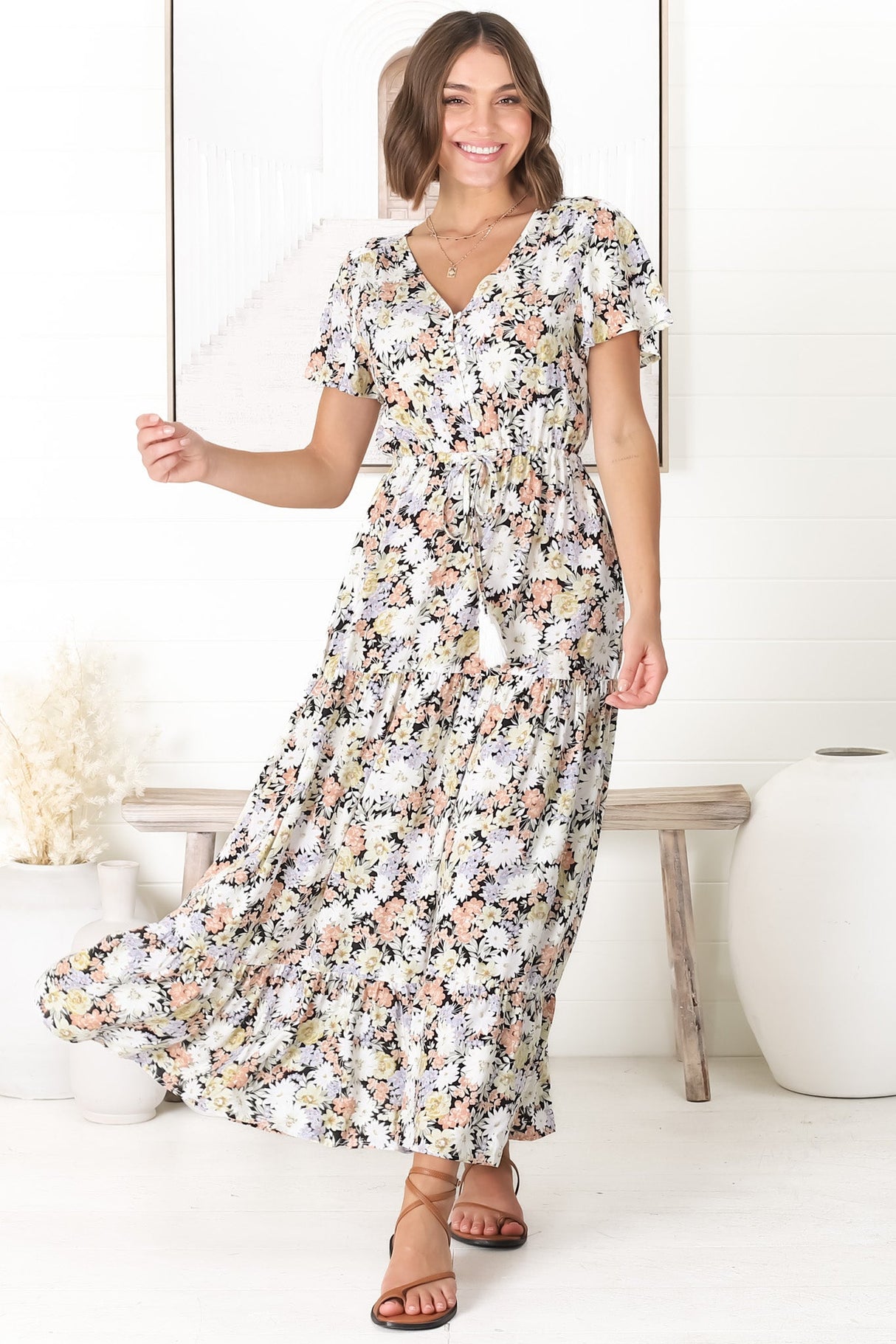 Derla Maxi Dress - V Neck A Line Dress with Tassel Pull Tie Wasit in Lauren Print