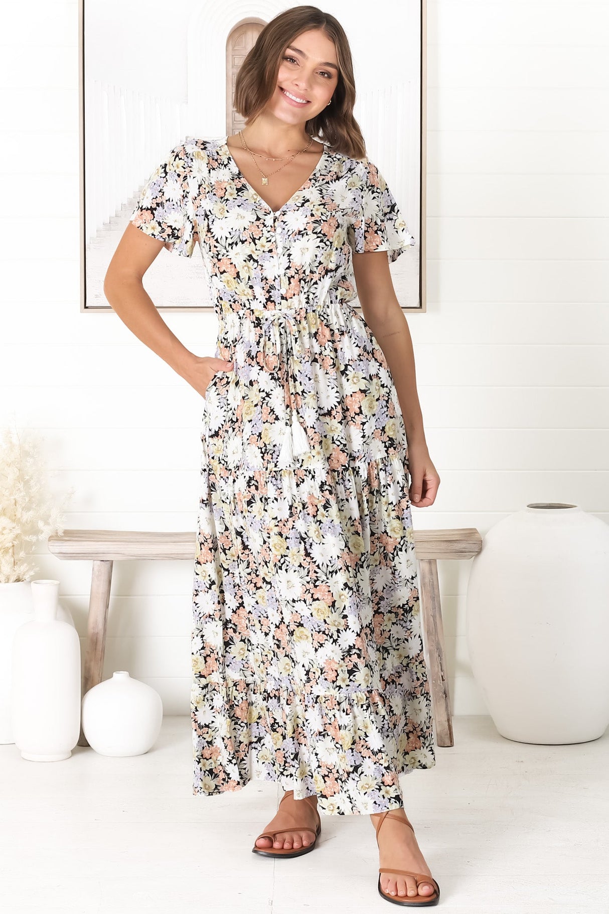 Derla Maxi Dress - V Neck A Line Dress with Tassel Pull Tie Waist in Lauren Print