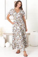 Derla Maxi Dress - V Neck A Line Dress with Tassel Pull Tie Wasit in Lauren Print