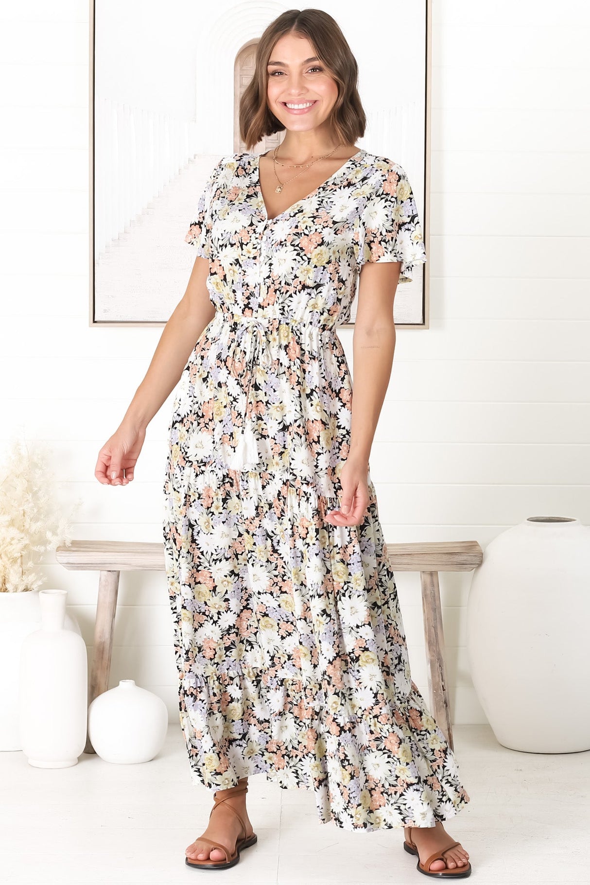 Derla Maxi Dress - V Neck A Line Dress with Tassel Pull Tie Wasit in Lauren Print