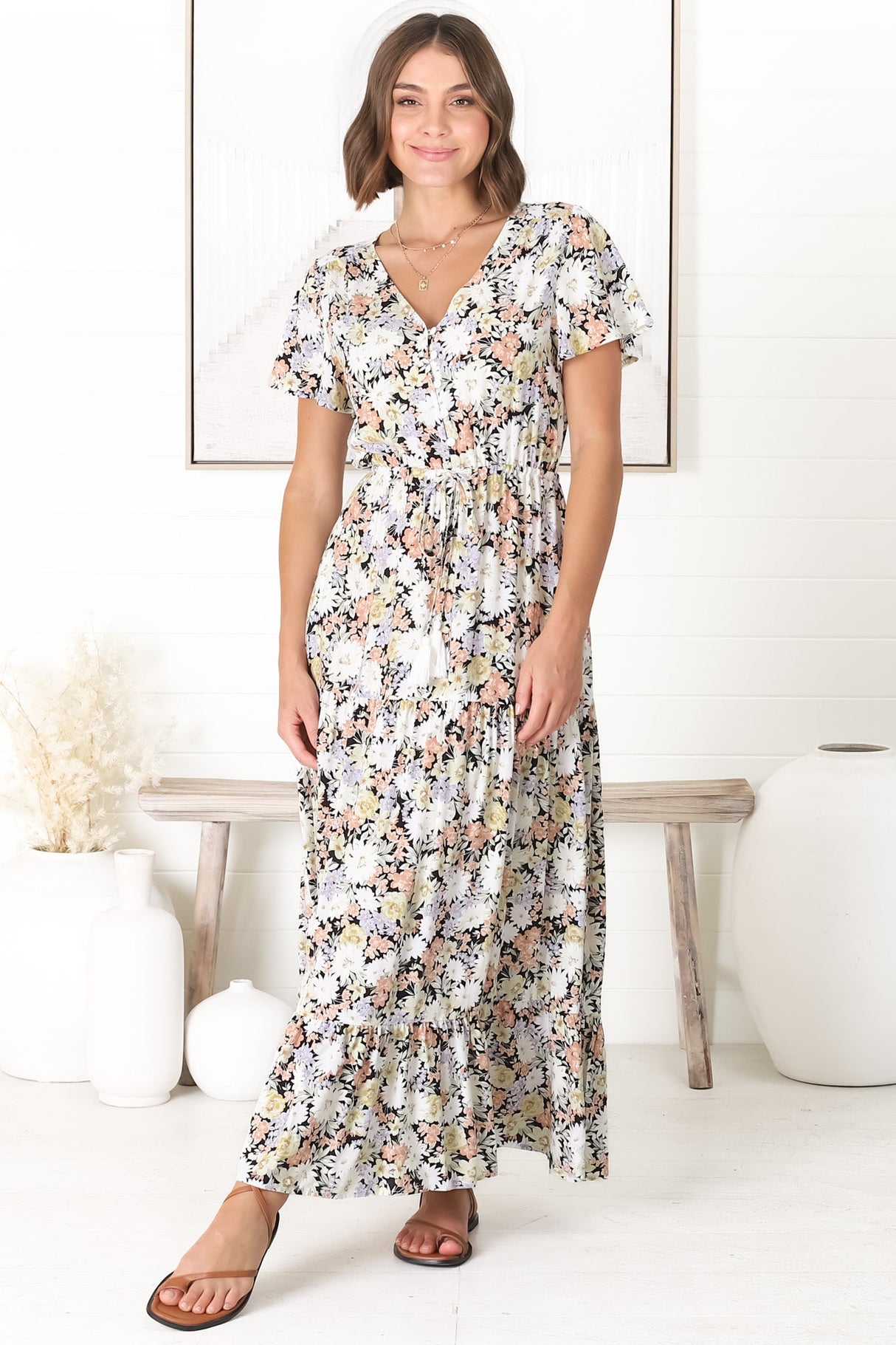 Derla Maxi Dress - V Neck A Line Dress with Tassel Pull Tie Wasit in Lauren Print