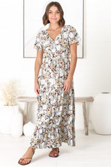 Derla Maxi Dress - V Neck A Line Dress with Tassel Pull Tie Waist in Lauren Print