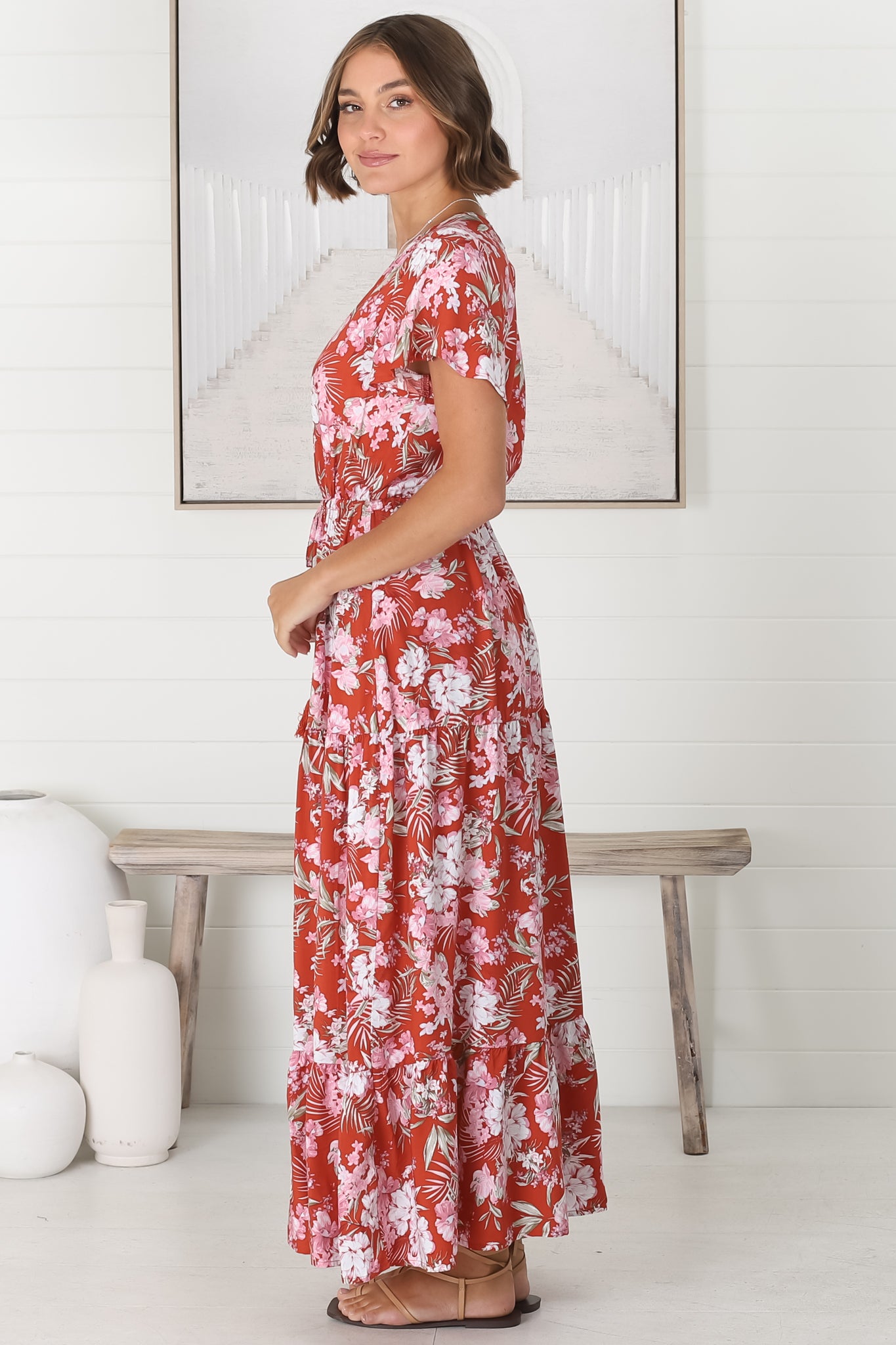 Derla Maxi Dress - V Neck A Line Dress with Tassel Pull Tie Wasit in Willa Print