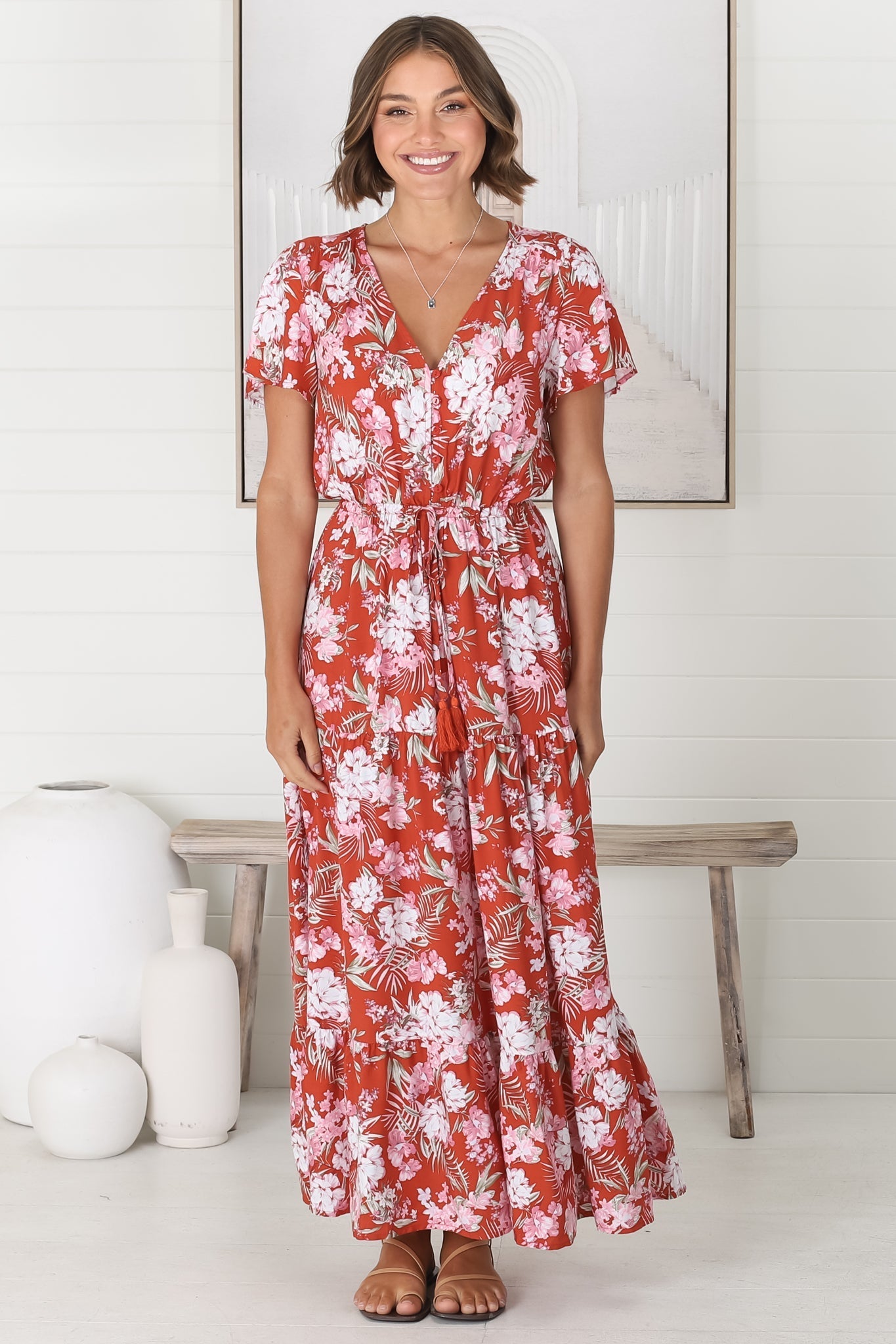 Derla Maxi Dress - V Neck A Line Dress with Tassel Pull Tie Wasit in Willa Print