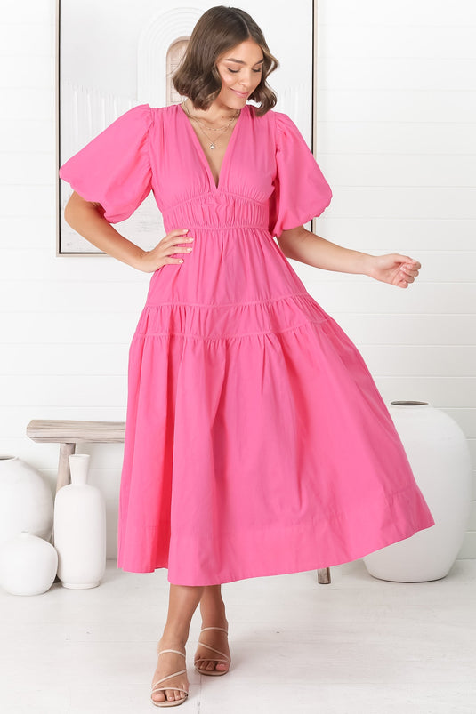 Deserae Midi Dress - Exaggerated Balloon Sleeve Tiered Dress with Piping Splicing in Pink