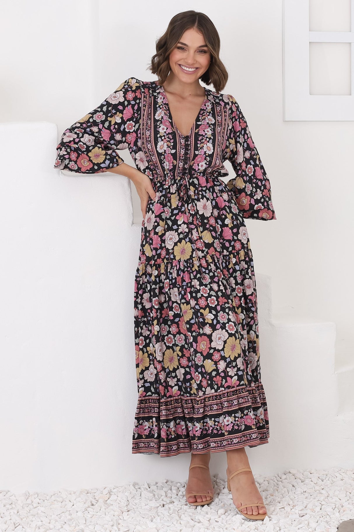 Devika Maxi Dress - Pull In Waist A Line Dress in Anissa Print Black