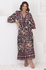 Devika Maxi Dress - Pull In Waist A Line Dress in Anissa Print Black