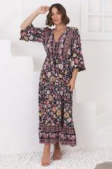 Devika Maxi Dress - Pull In Waist A Line Dress in Anissa Print Black