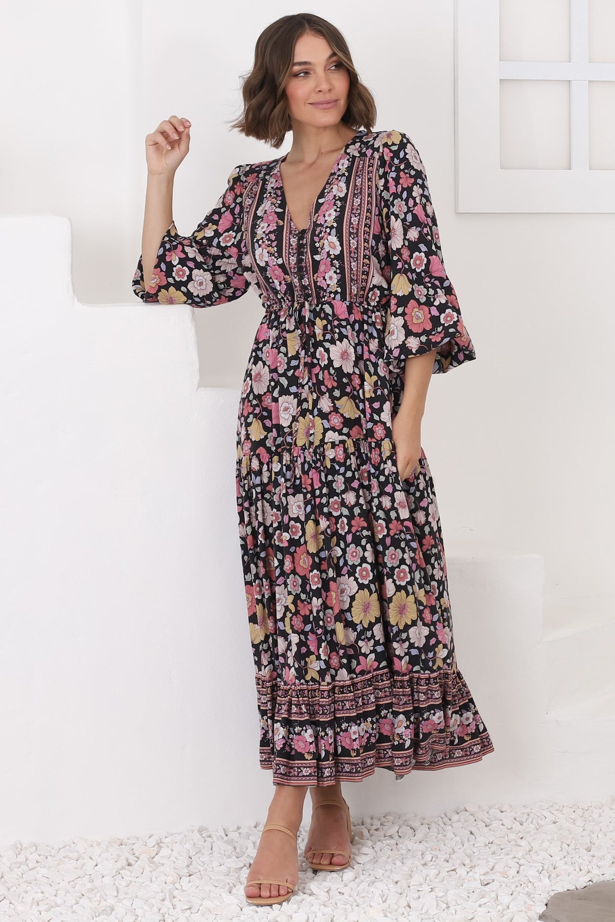 Devika Maxi Dress - Pull In Waist A Line Dress in Anissa Print Black