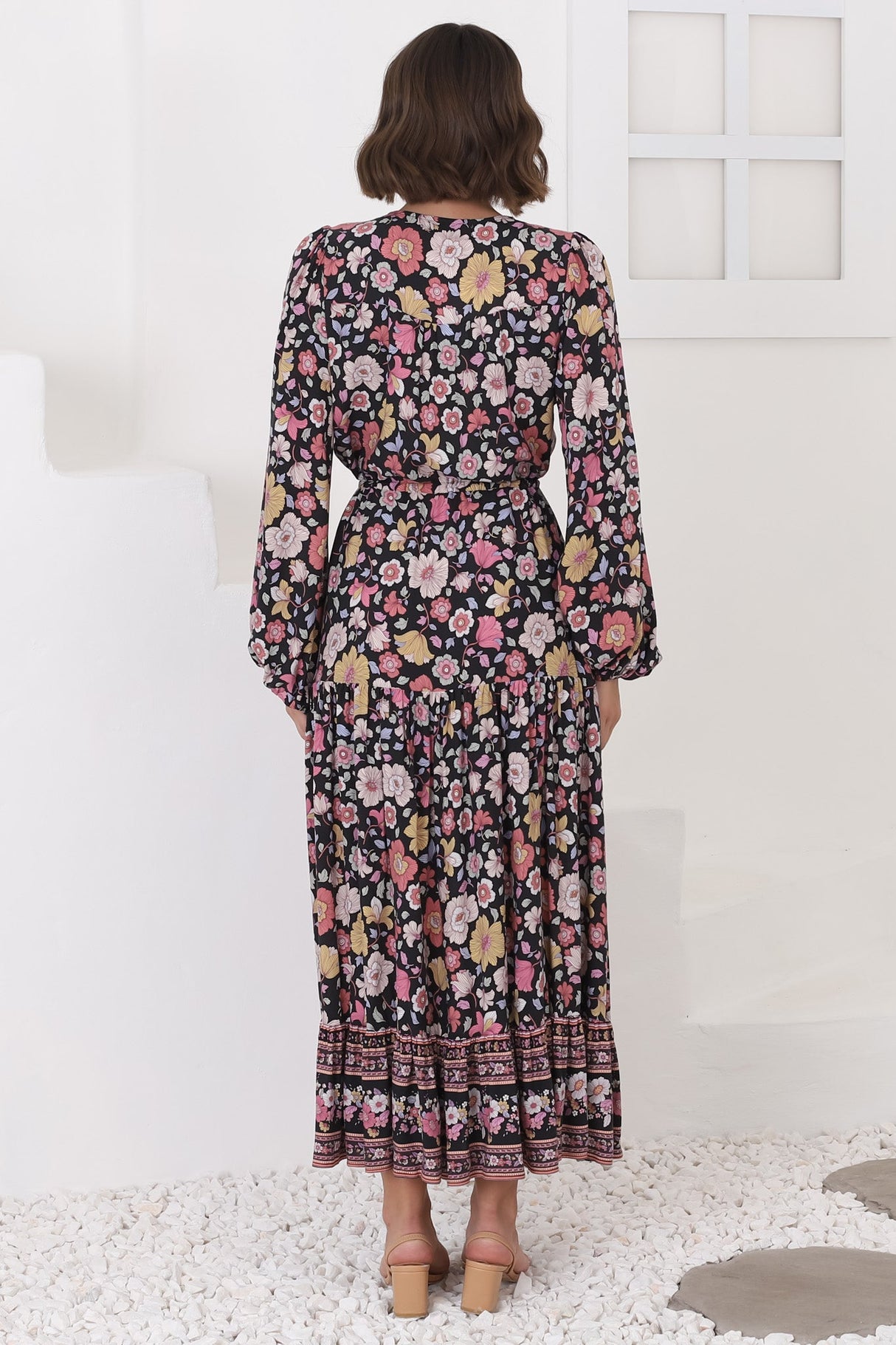 Devika Maxi Dress - Pull In Waist A Line Dress in Anissa Print Black