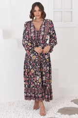 Devika Maxi Dress - Pull In Waist A Line Dress in Anissa Print Black