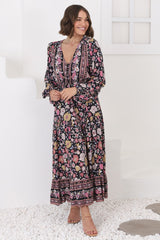 Devika Maxi Dress - Pull In Waist A Line Dress in Anissa Print Black