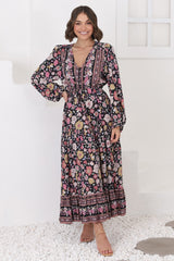 Devika Maxi Dress - Pull In Waist A Line Dress in Anissa Print Black