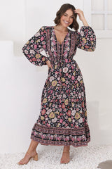 Devika Maxi Dress - Pull In Waist A Line Dress in Anissa Print Black