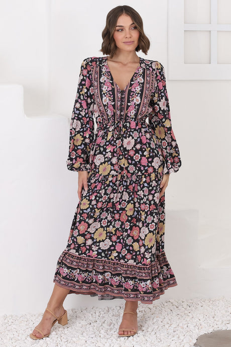 Devika Maxi Dress - Pull In Waist A Line Dress in Anissa Print Black