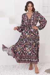 Devika Maxi Dress - Pull In Waist A Line Dress in Anissa Print Black