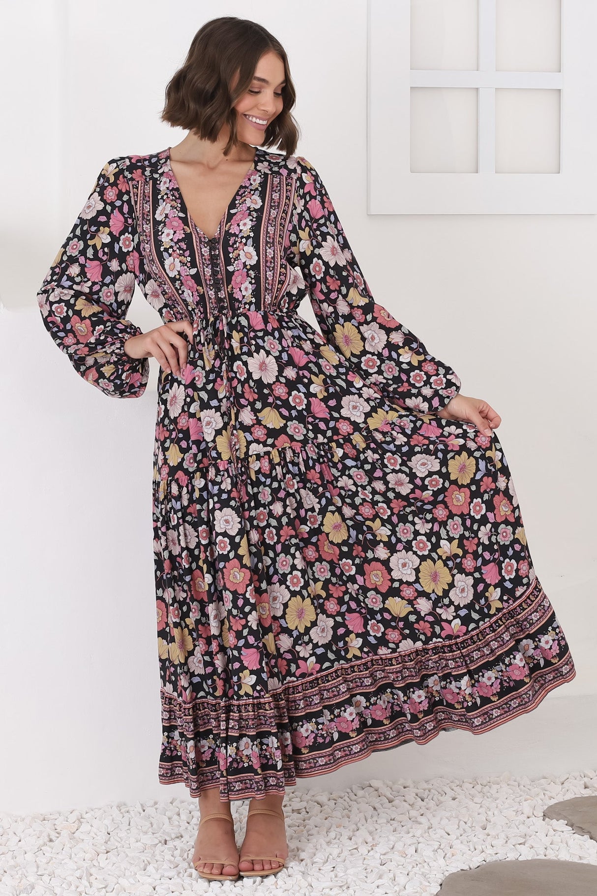 Devika Maxi Dress - Pull In Waist A Line Dress in Anissa Print Black