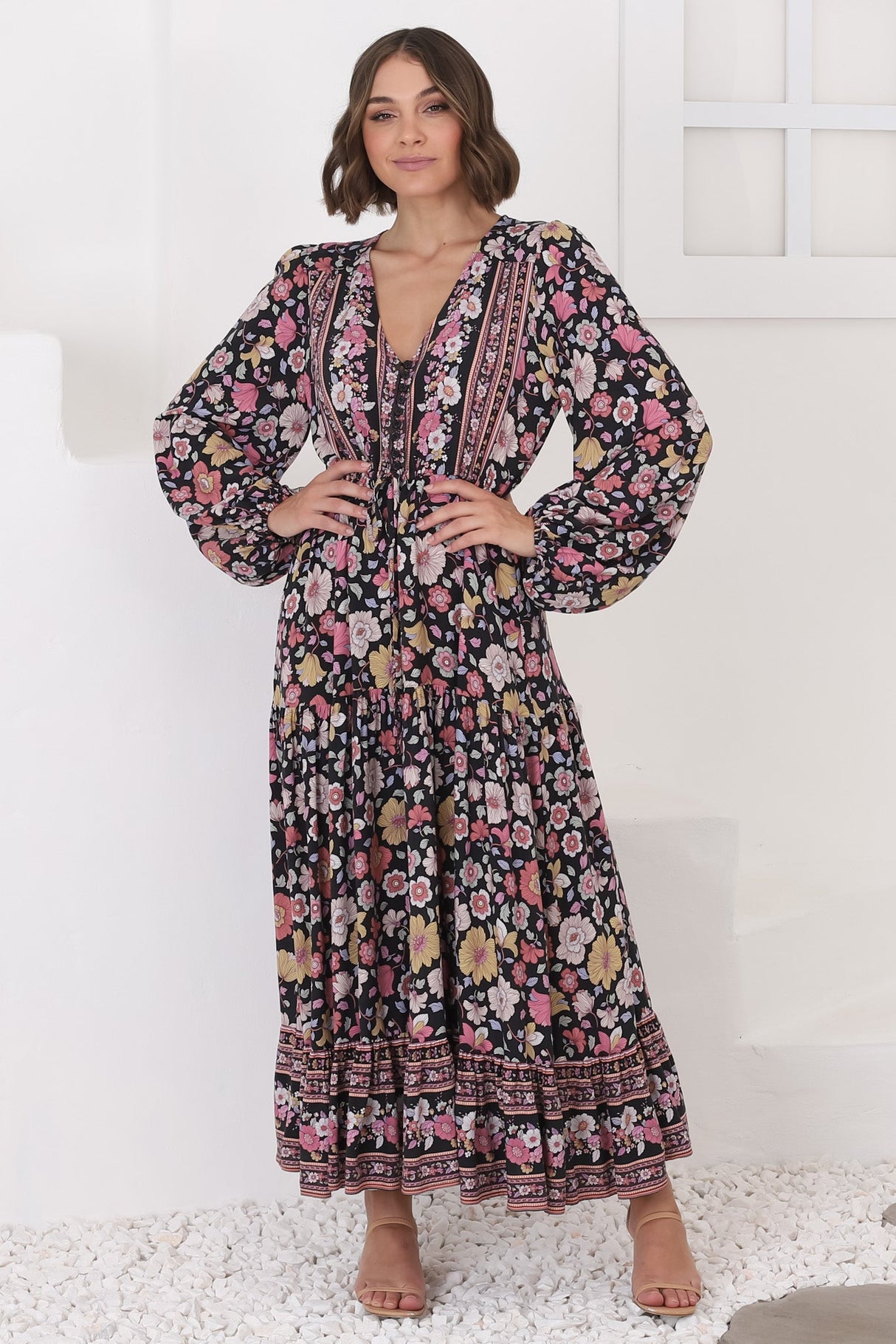 Devika Maxi Dress - Pull In Waist A Line Dress in Anissa Print Black