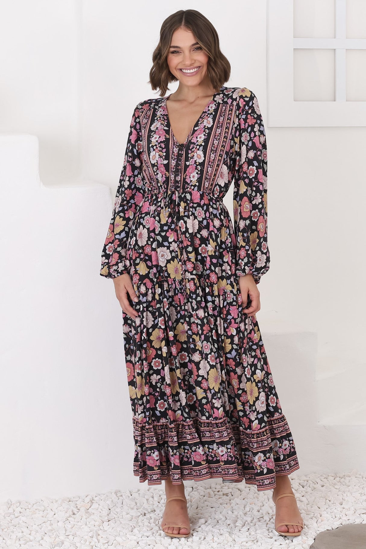 Devika Maxi Dress - Pull In Waist A Line Dress in Anissa Print Black