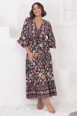 Devika Maxi Dress - Pull In Waist A Line Dress in Anissa Print Black