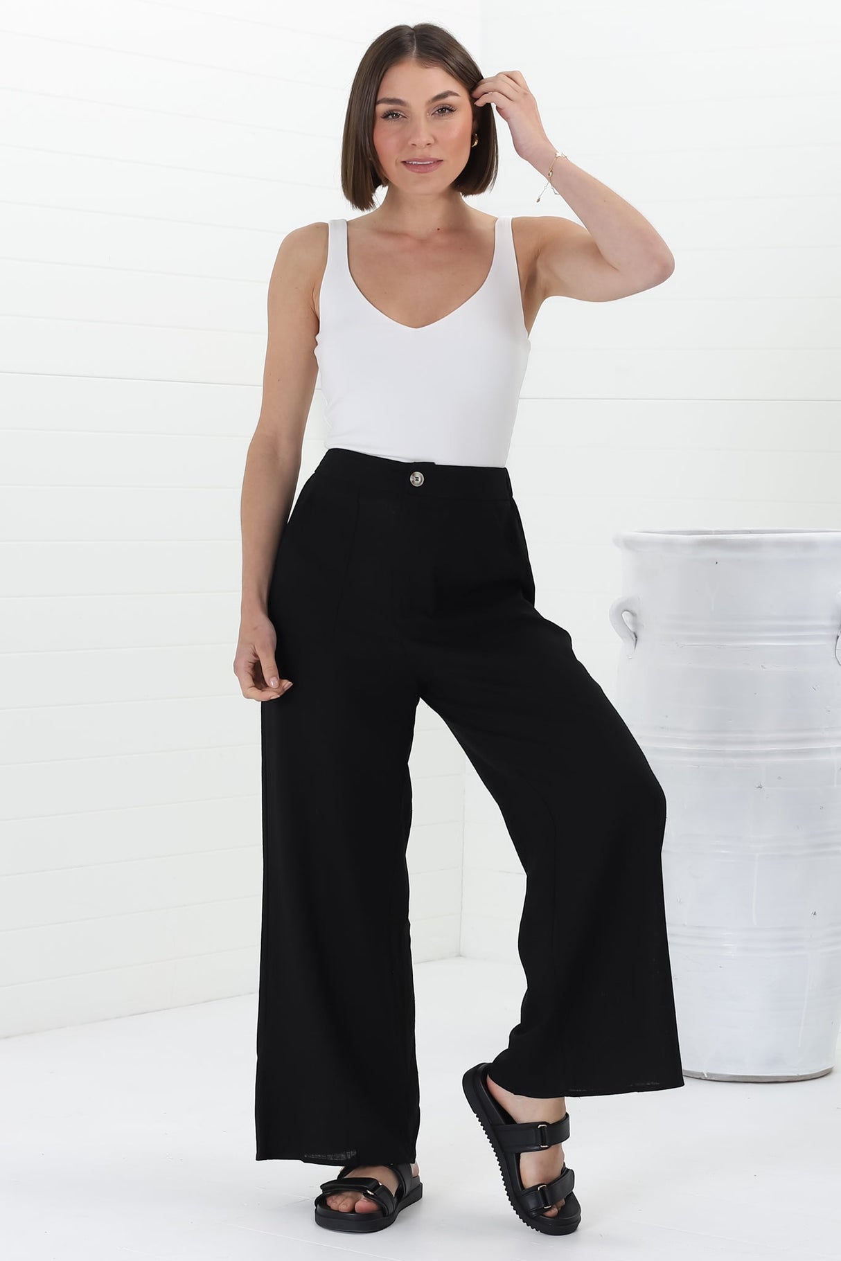 Devira Linen Pants - High Waisted Wide Leg Pant in Black