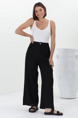 Devira Linen Pants - High Waisted Wide Leg Pant in Black